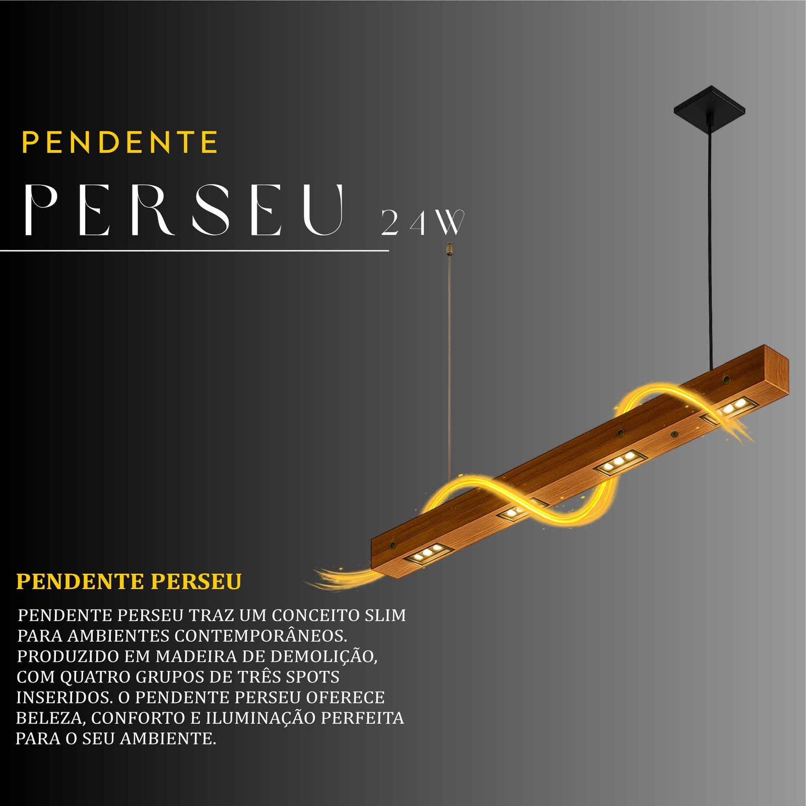 Pendente Perseu 24w Bivolt de Madeira Maciça Rústica de Demolição