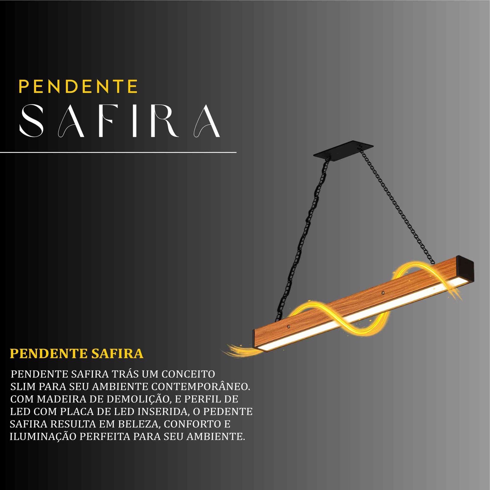 Pendente Led Safira 36w 4000lm Bivolt de Madeira Maciça Rústica de Demolição