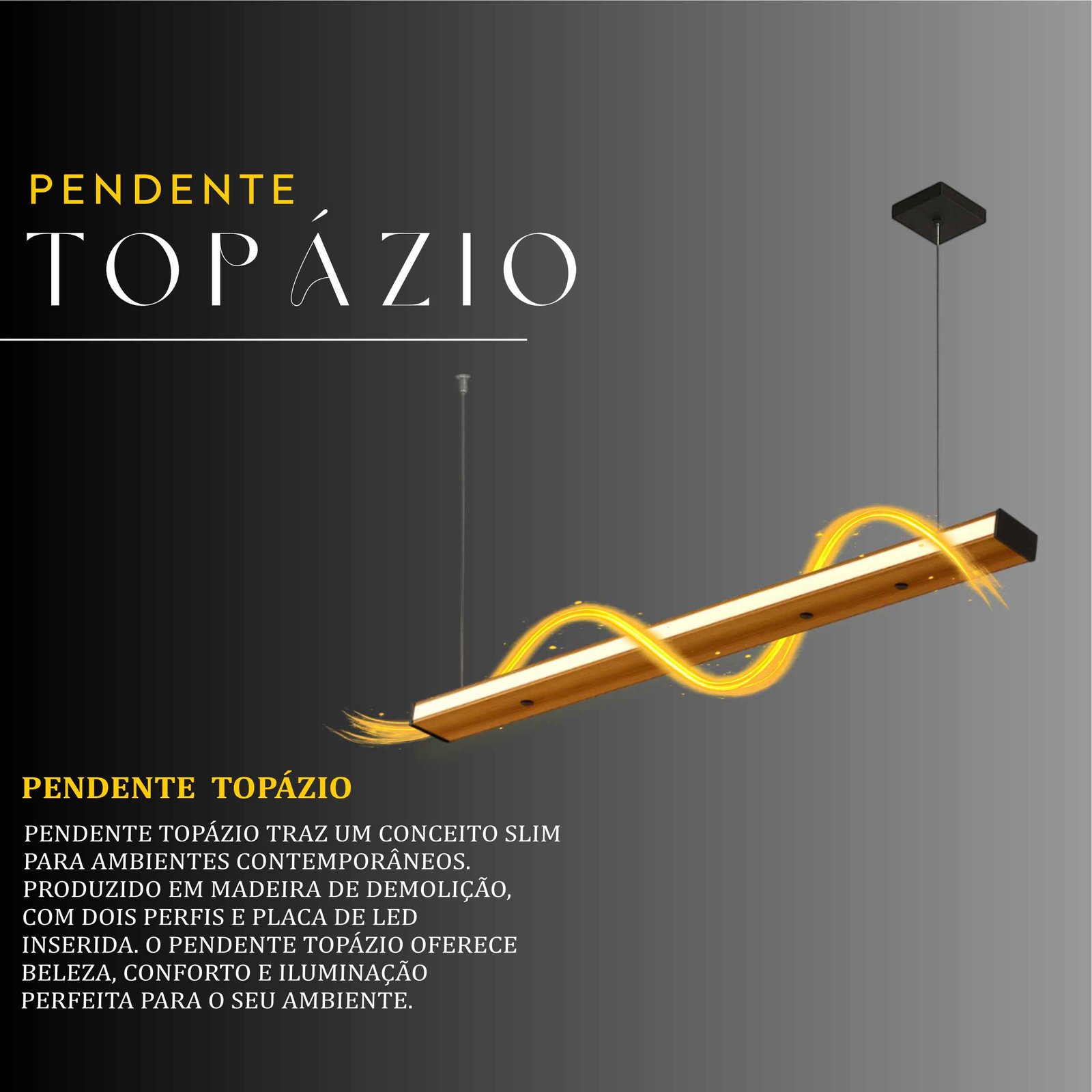 Pendente Led Topázio 36w 4000lm Bivolt Madeira Maciça