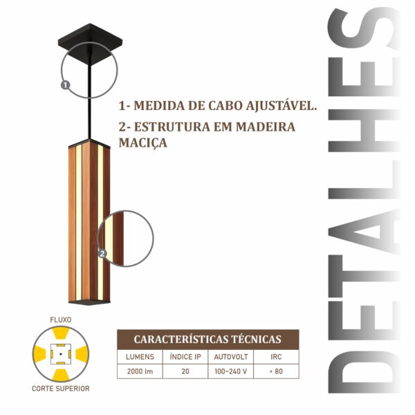 Pendente Led Esmeralda Centro 36w 4000lm Bivolt de Madeira Maciça Rústica de Demolição - Imagem 4