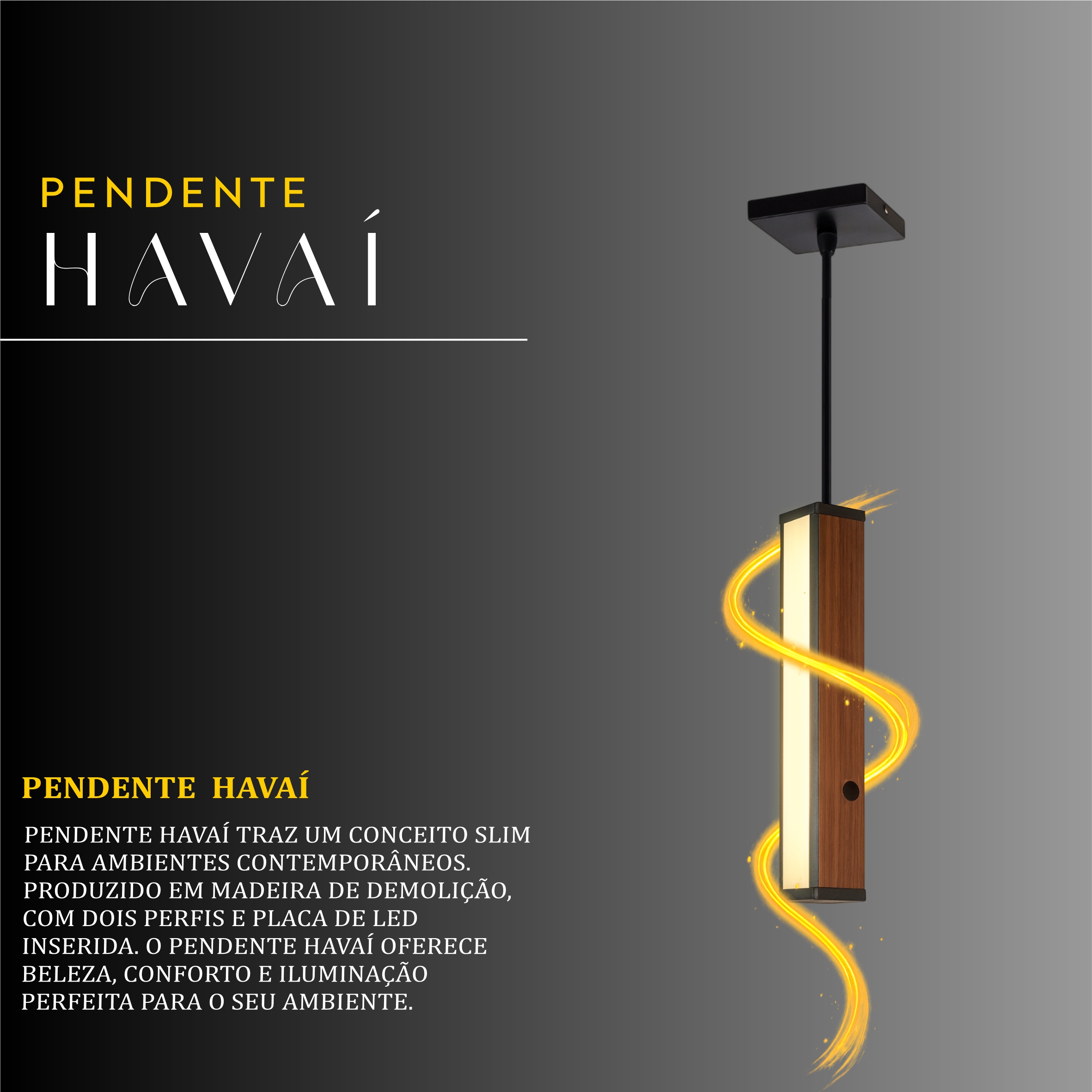 Pendente Led Havaí Cabo PP 36w 4000lm Bivolt de Madeira Maciça Rústica de Demolição