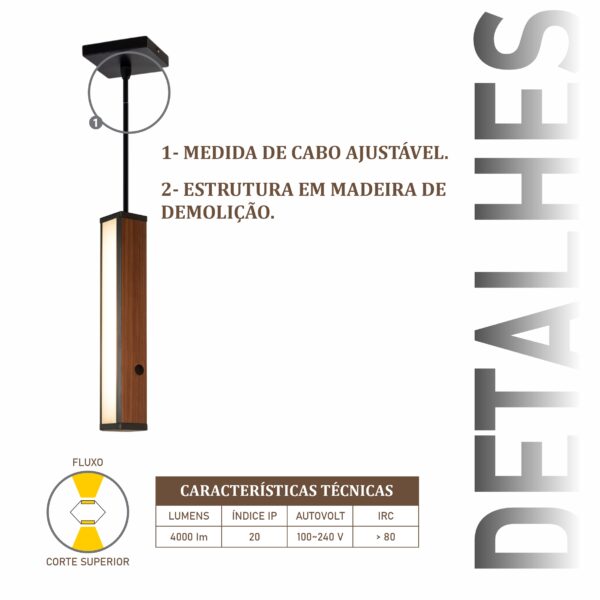 Pendente Led Havaí Cabo PP 36w 4000lm Bivolt de Madeira Maciça Rústica de Demolição - Imagem 4