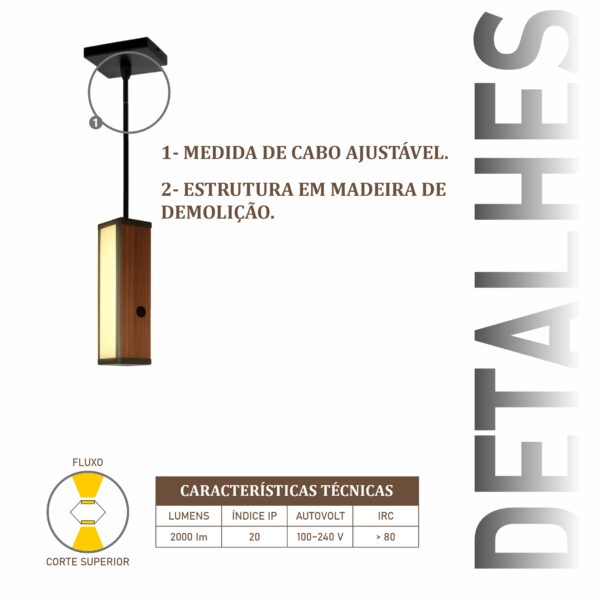 Pendente Led Maine 18w 2000lm Bivolt de Madeira Maciça Rústica de Demolição - Imagem 4