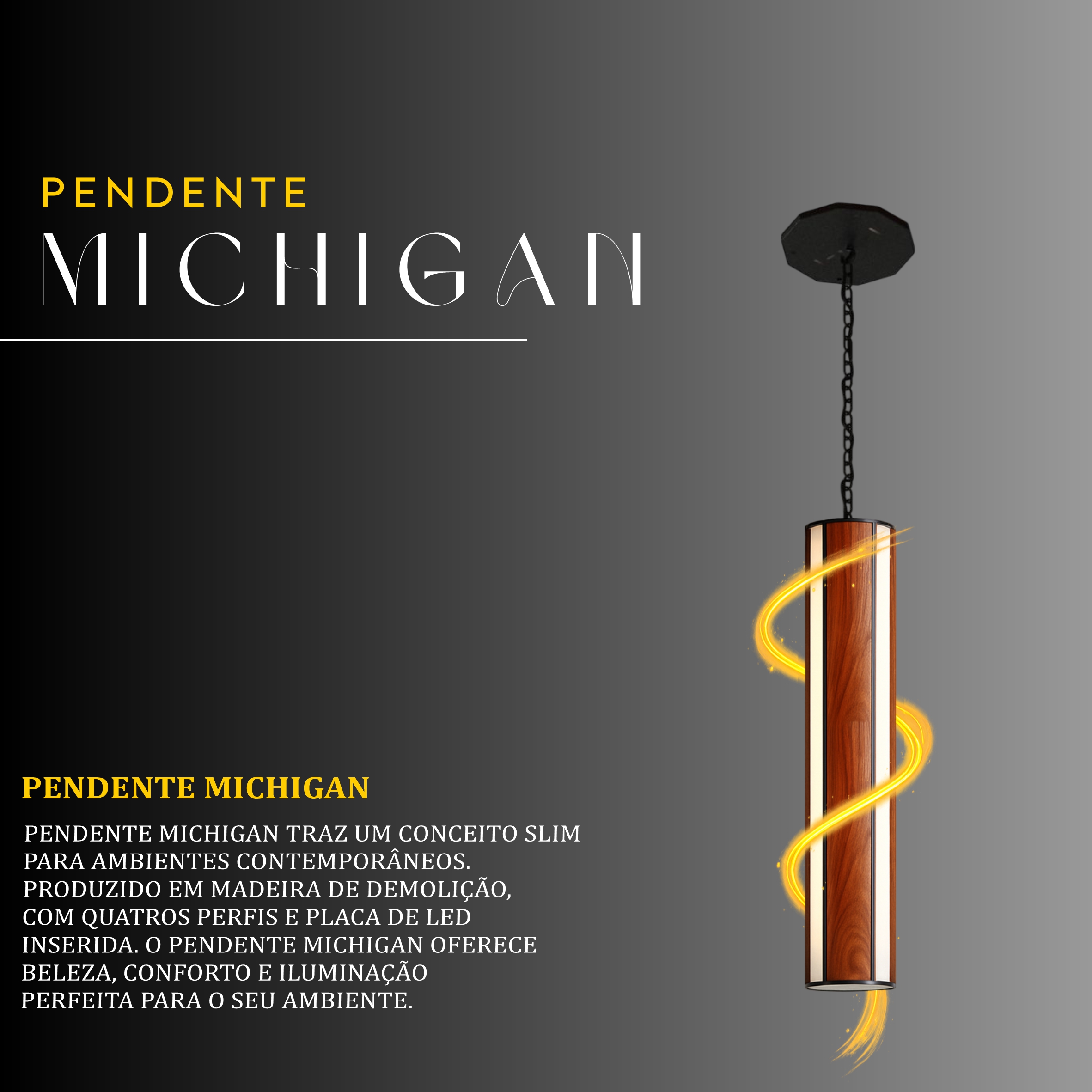 Pendente Led Michigan Corrente 36w 4000lm Bivolt de Madeira Maciça Rústica de Demolição