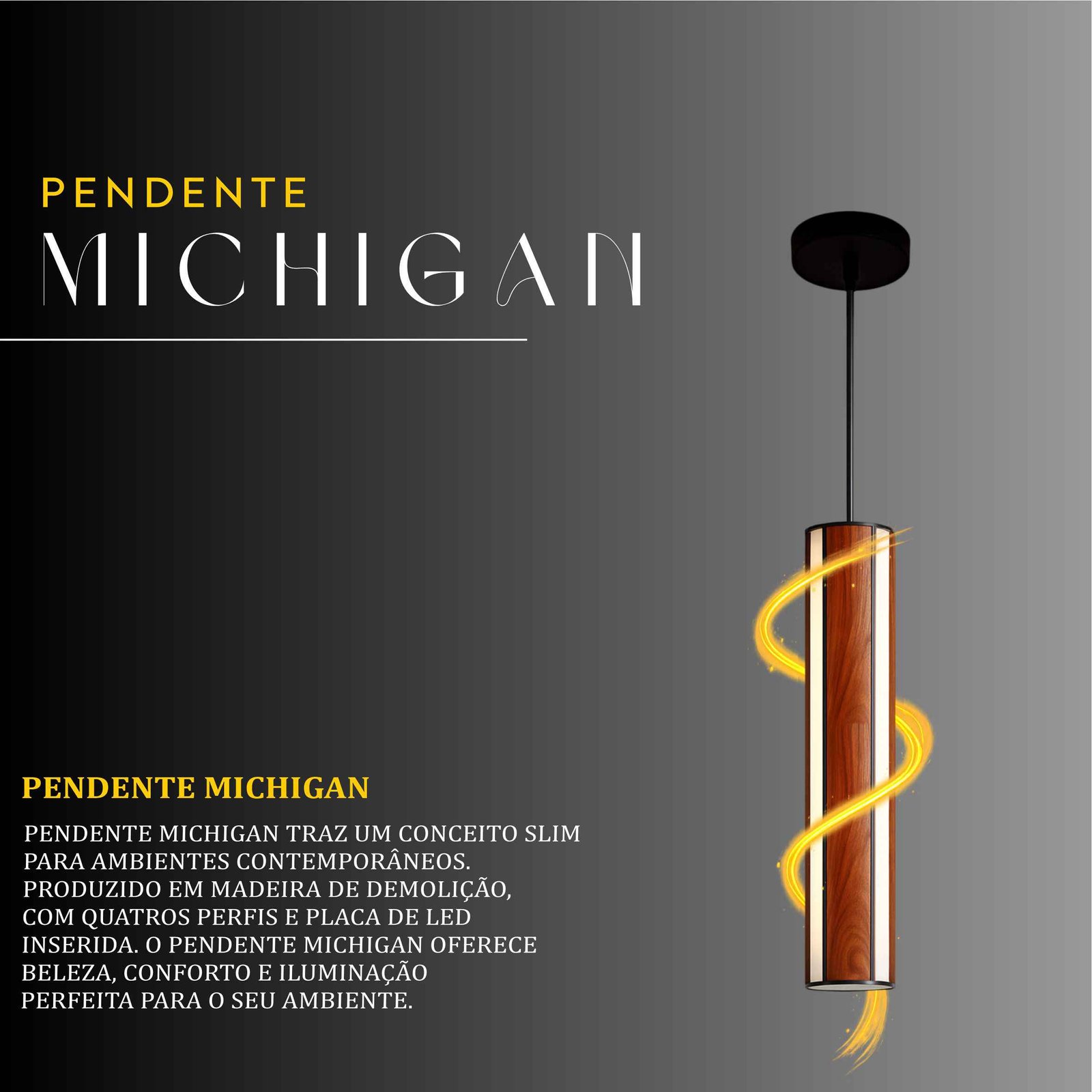 Pendente Led Michigan 36w 4000lm Bivolt de Madeira Maciça Rústica de Demolição