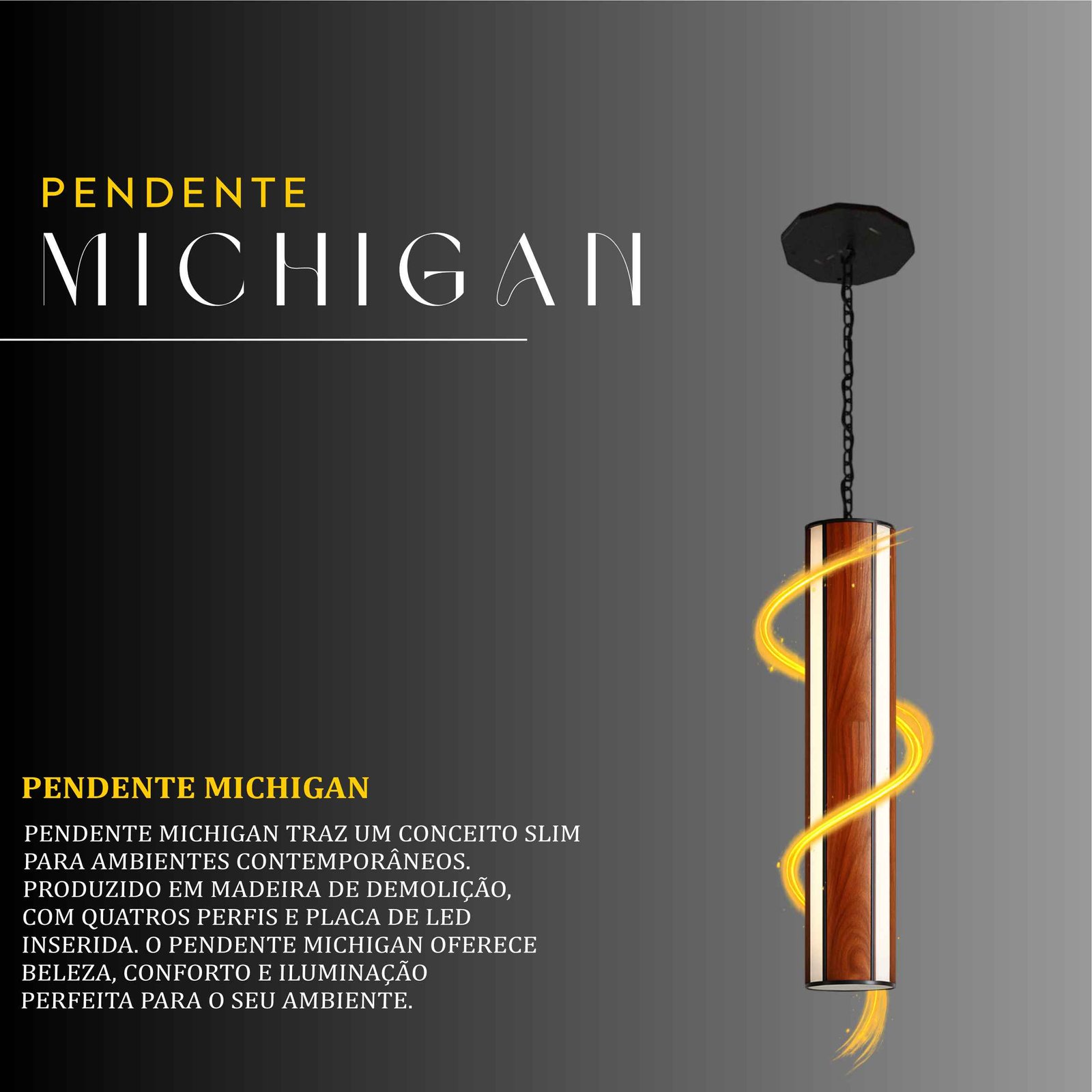 Pendente Led Michigan Corrente 36w 4000lm Bivolt de Madeira Maciça Rústica de Demolição