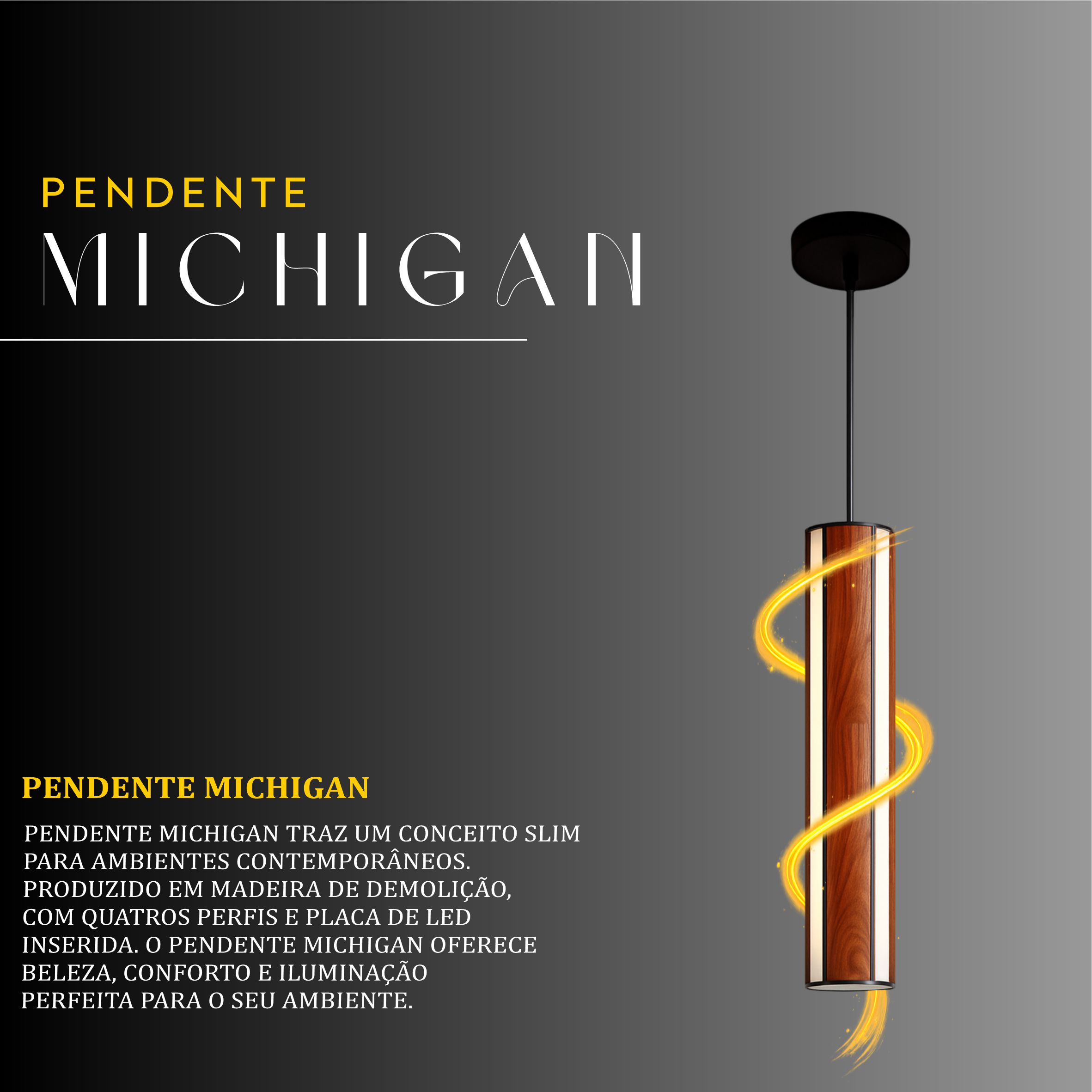 Pendente Led Michigan 36w 4000lm Bivolt de Madeira Maciça Rústica de Demolição