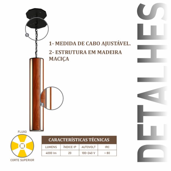 Pendente Led Michigan Corrente 36w 4000lm Bivolt de Madeira Maciça Rústica de Demolição - Imagem 4