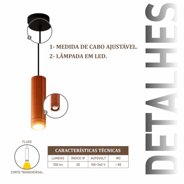 Pendente Led Alasca Spot 7w Bivolt Madeira Maciça - Imagem 4