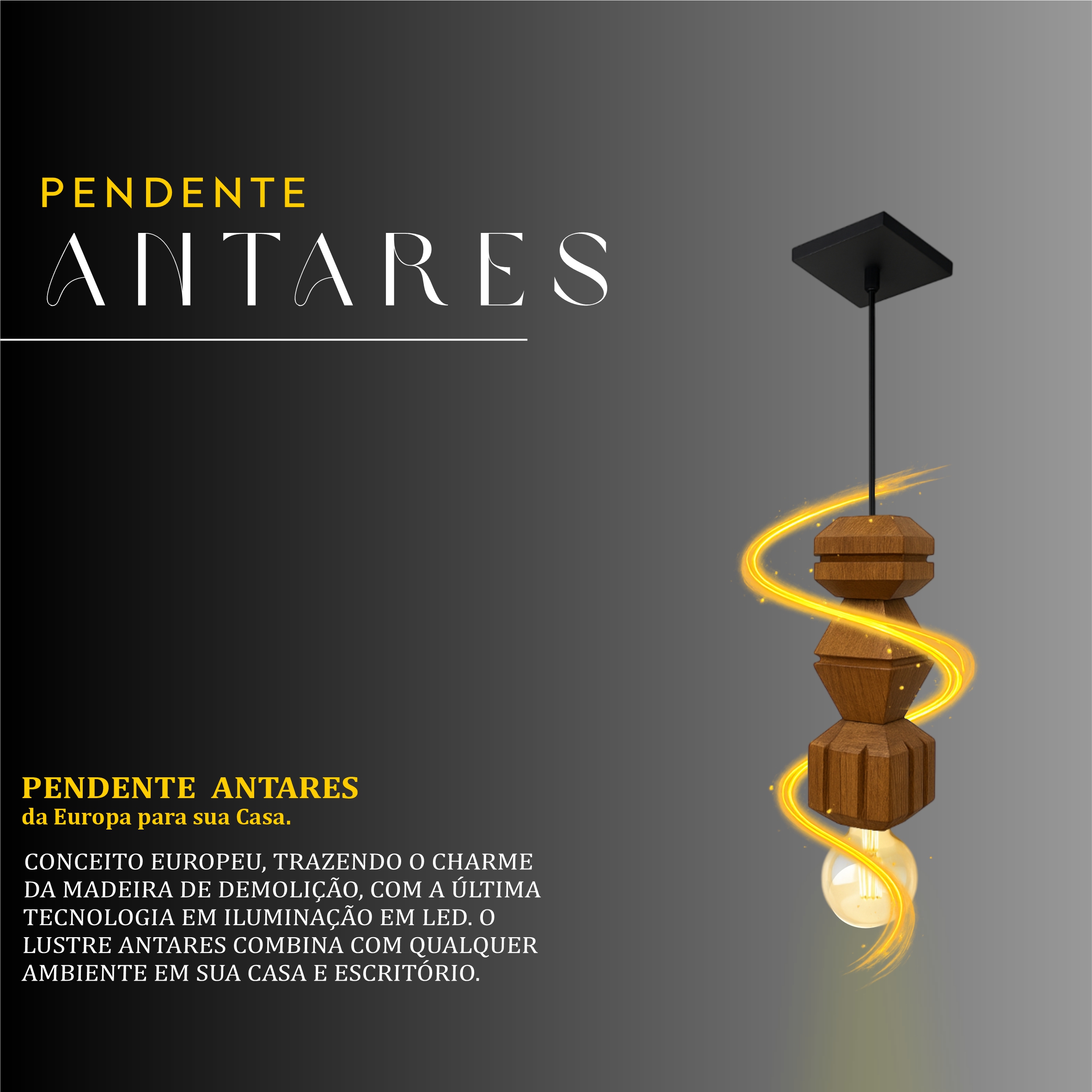 Pendente Antares Cabo PP de Madeira Maciça Rústica de Demolição