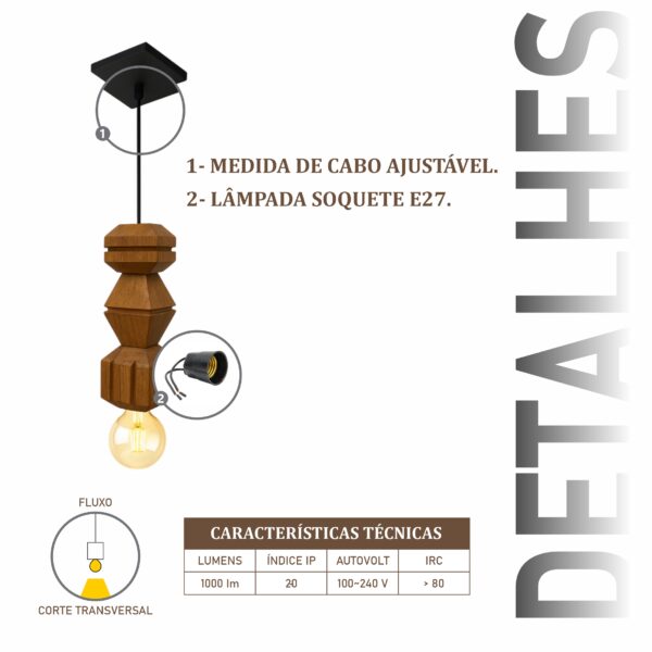 Pendente Antares Cabo PP de Madeira Maciça Rústica de Demolição - Imagem 4