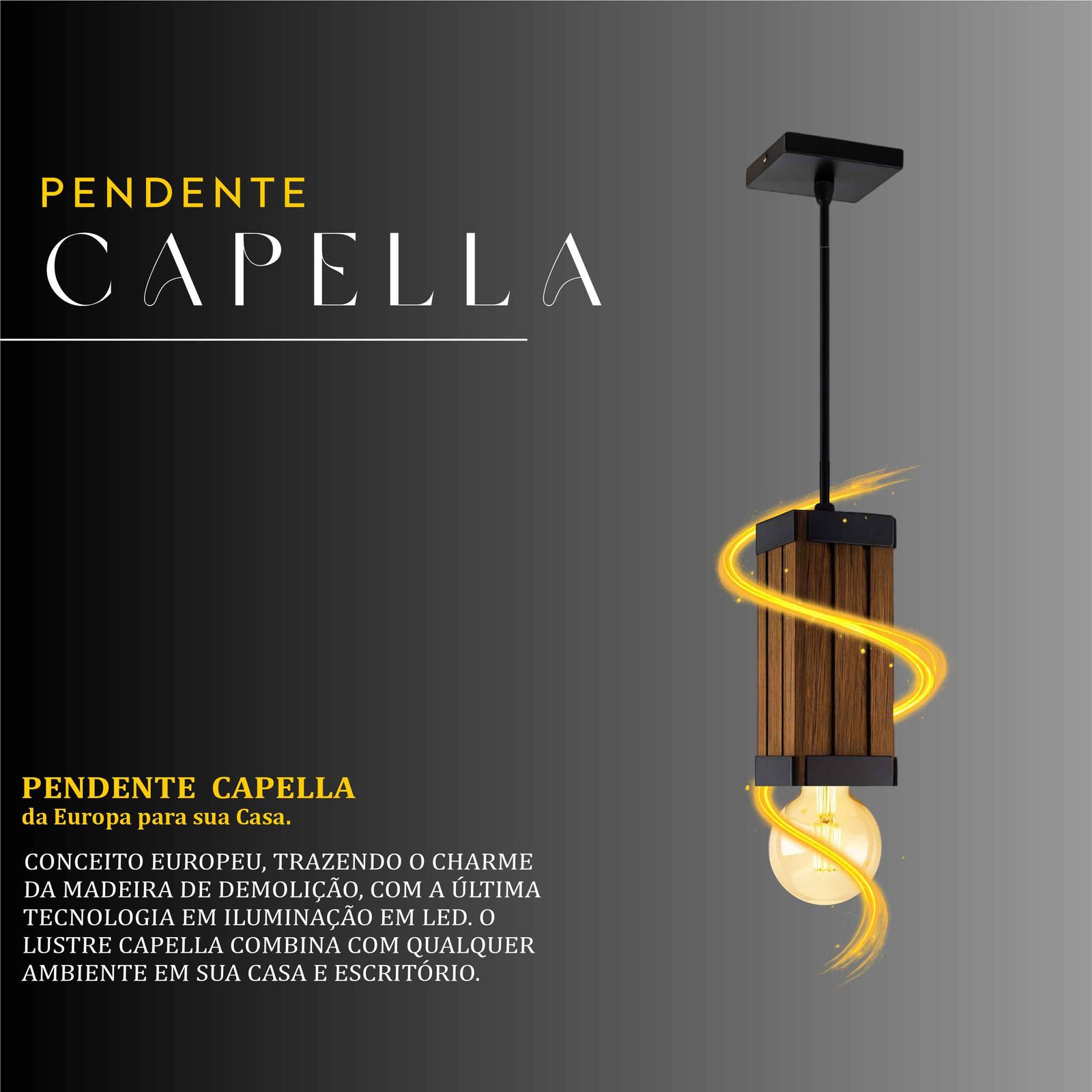 Pendente Capella Cabo PP de Madeira Maciça Rústica de Demolição