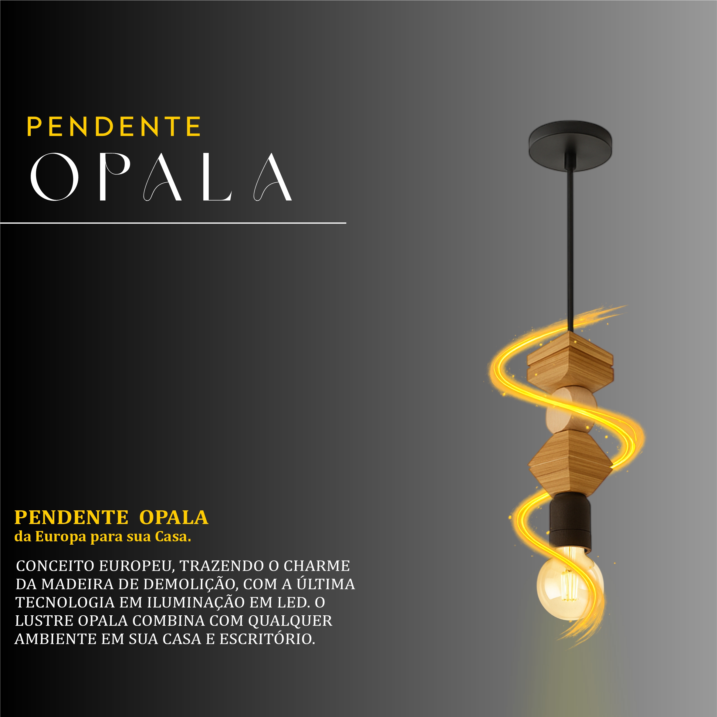 Pendente Led Opala Cabo PP de Madeira Maciça Rústica de Demolição