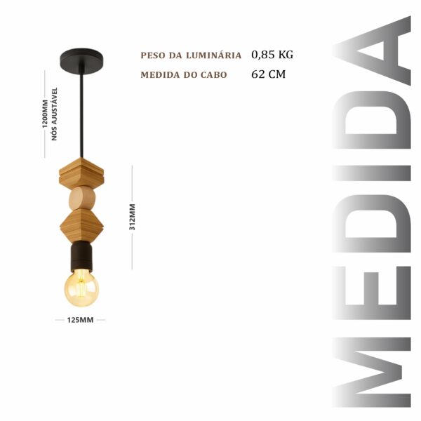 Pendente Led Opala Cabo PP de Madeira Maciça Rústica de Demolição - Imagem 3