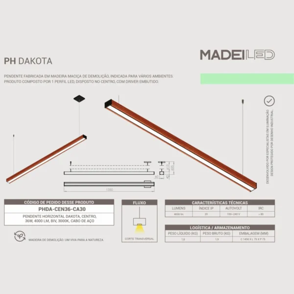Pendente Led Dakota 36w 4000lm Bivolt Madeira Maciça - Imagem 6