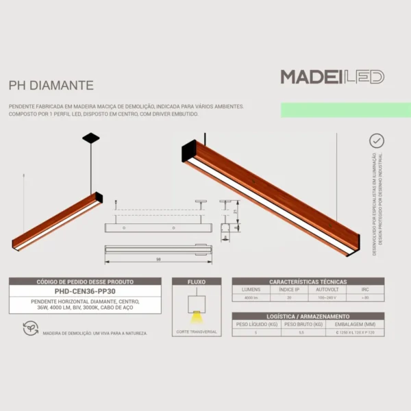 Pendente Led Diamante 36w 4000lm Bivolt Madeira Maciça - Imagem 5
