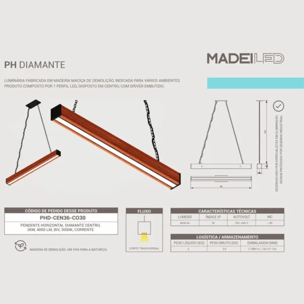 Pendente Led Diamante 36w 4000lm Bivolt Madeira Maciça - Imagem 5