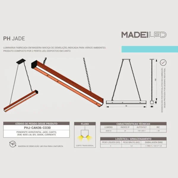 Pendente Led Jade 36w 4000lm Bivolt Madeira Maciça - Imagem 5