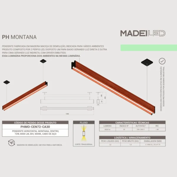 Pendente Led Montana Dois Perfis 72w 8000lm Bivolt Madeira Maciça - Imagem 5