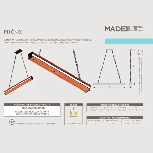 Pendente Led Ônix 36w 4000lm Bivolt Madeira Maciça - Imagem 5