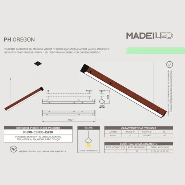 Pendente Led Oregon 36w 4000lm Bivolt Madeira Maciça - Imagem 4