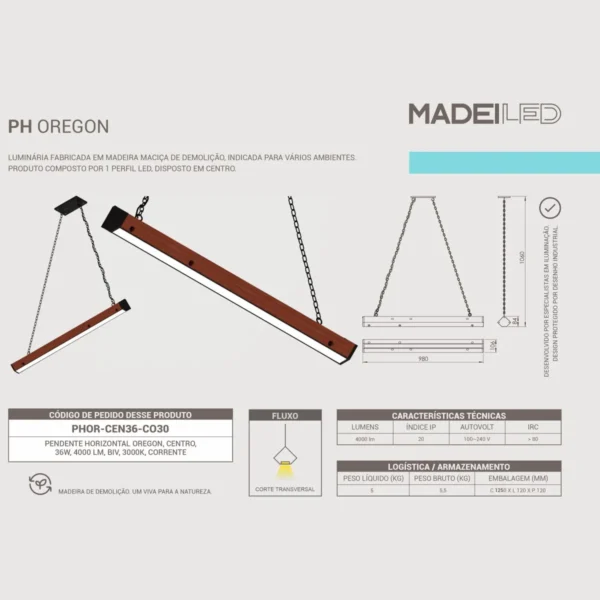 Pendente Led Oregon 36w 4000lm Bivolt Madeira Maciça - Imagem 5