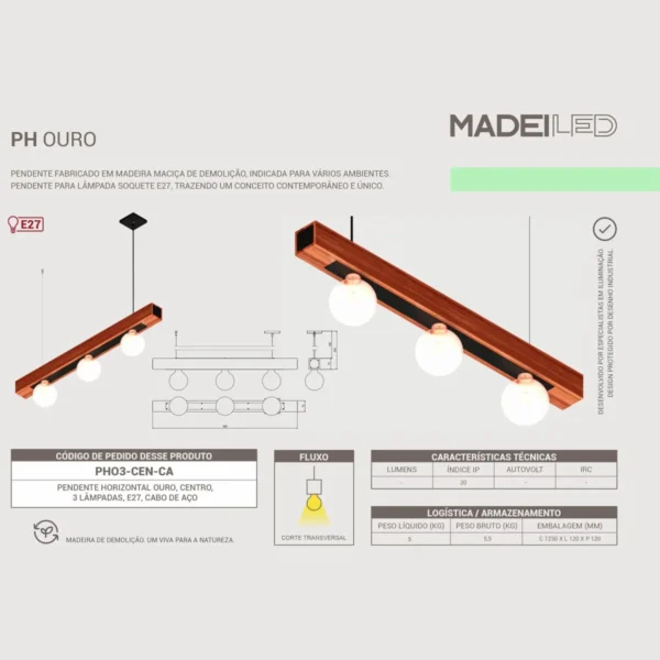 Pendente Ouro 3 Lâmpadas Rosca E27 Madeira Maciça - Imagem 4