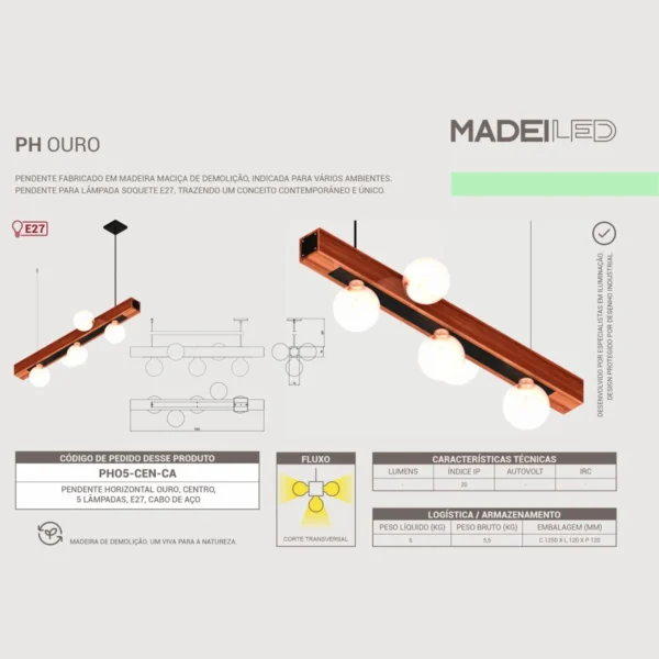Pendente Ouro 5 Lâmpadas Rosca E27 Madeira Maciça - Imagem 3