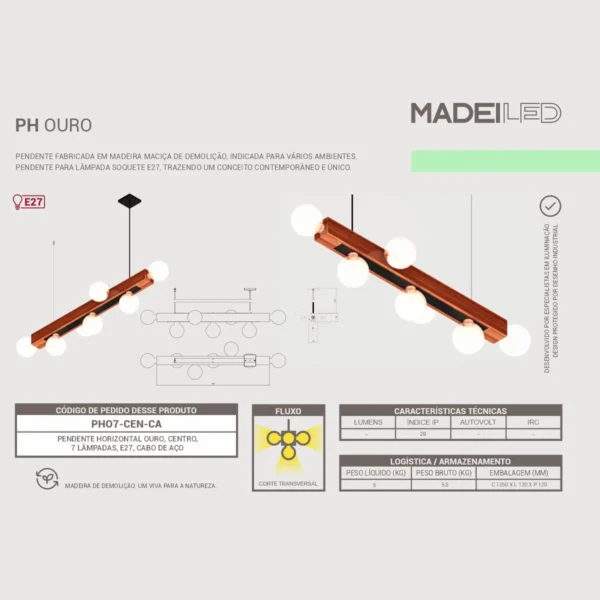 Pendente Ouro 7 Lâmpadas Rosca E27 Madeira Maciça - Imagem 4