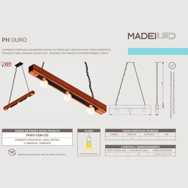 Pendente Ouro 3 Lâmpadas Rosca E27 Madeira Maciça - Imagem 2