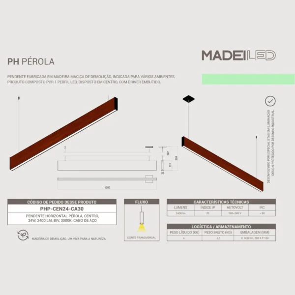 Pendente Led Pérola 24w 2400lm Bivolt Madeira Maciça - Imagem 6