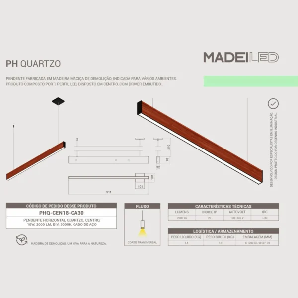 Pendente Led Quartzo 18w 2000lm Bivolt Madeira Maciça - Imagem 6