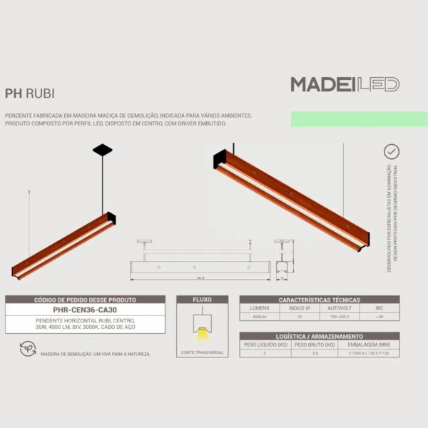 Pendente Led Rubi 36w 4000lm Bivolt Madeira Maciça - Imagem 5
