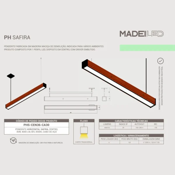 Pendente Led Safira 36w 4000lm Bivolt Madeira Maciça - Imagem 5