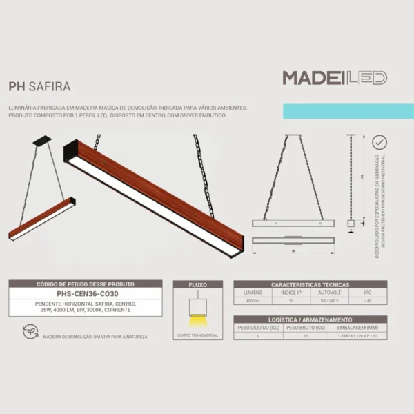 Pendente Led Safira 36w 4000lm Bivolt Madeira Maciça - Imagem 6