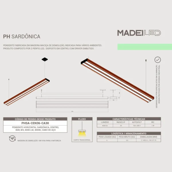 Pendente Led Sardonica 36w 4000lm Bivolt Madeira Maciça - Imagem 6