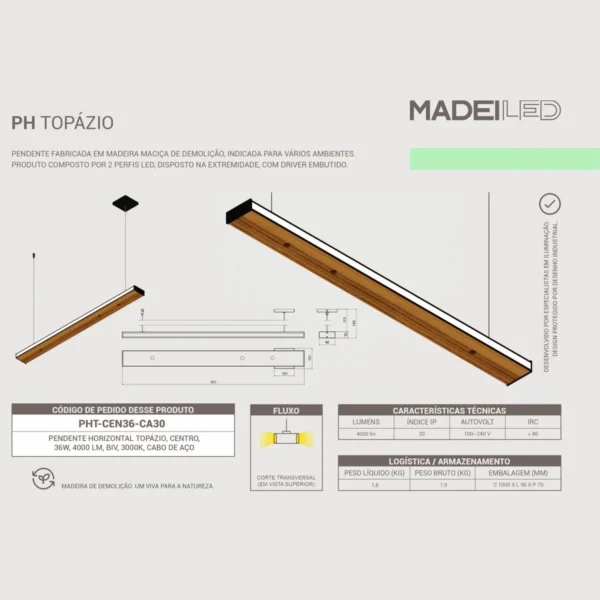 Pendente Led Topázio 36w 4000lm Bivolt Madeira Maciça - Imagem 6