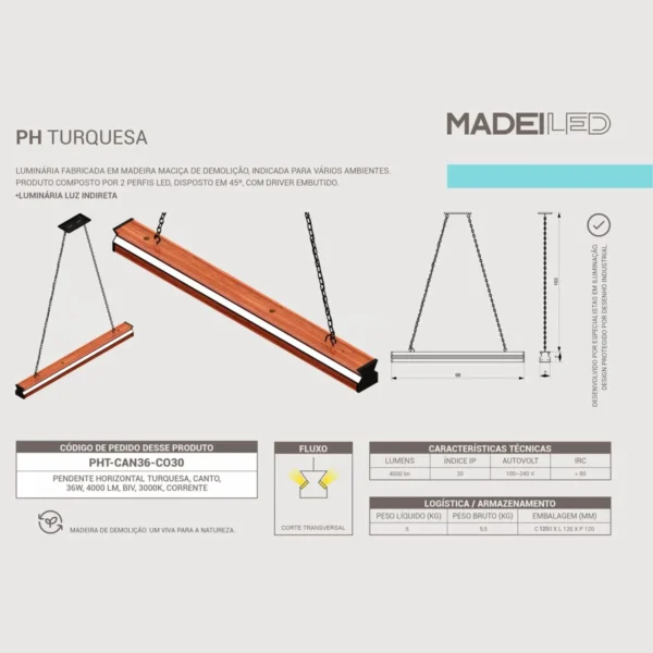 Pendente Led Turquesa 36w 4000lm Bivolt Madeira Maciça - Imagem 4