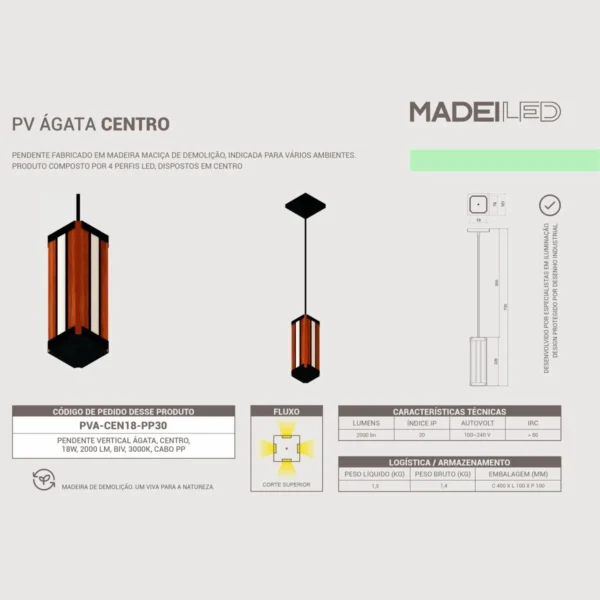 Pendente Led Ágata Centro 18w 2000lm Bivolt Madeira Maciça - Imagem 5