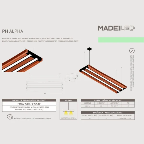 Pendente Led Alpha 72w 8000lm Bivolt Prancha Madeira De Pinus - Imagem 6