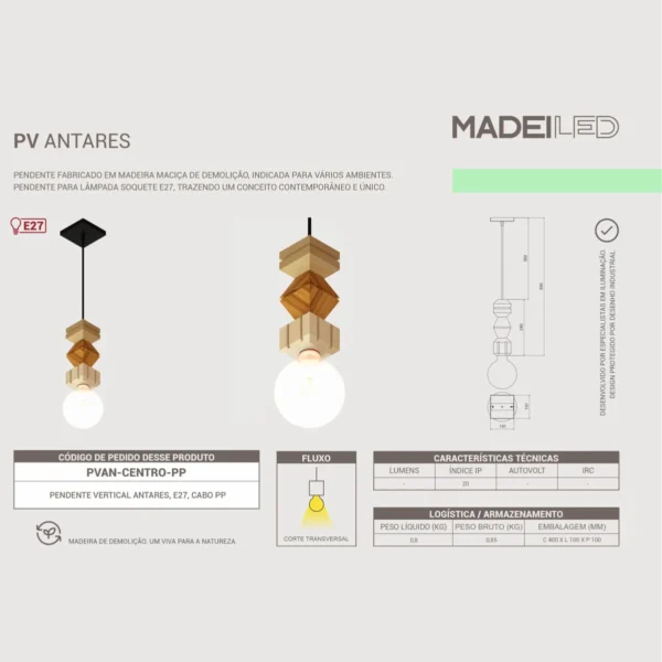 Pendente Antares Cabo PP Madeira Maciça - Imagem 3