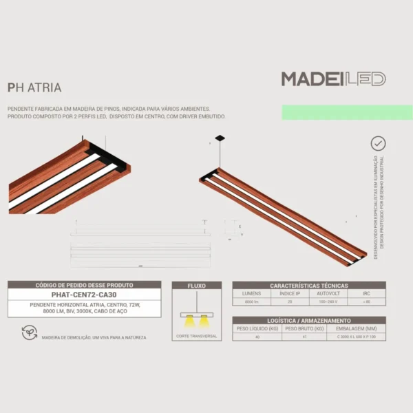 Pendente Led Atria 72w 8000lm Bivolt Prancha Madera De Pinus - Imagem 6