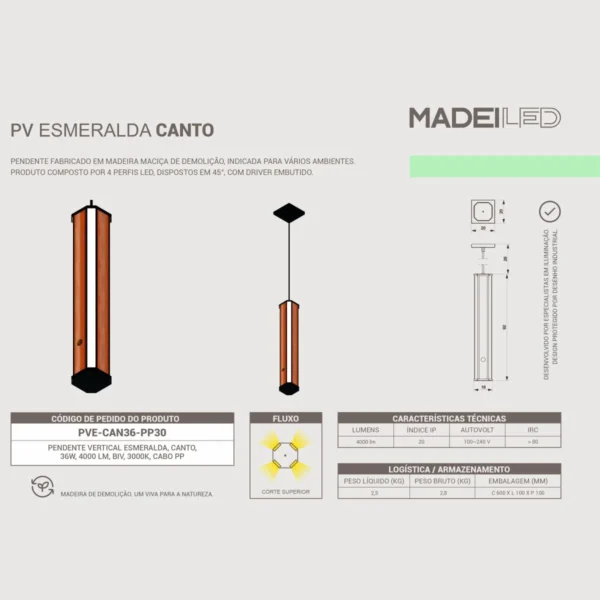 Pendente Led Esmeralda Canto 36w 4000lm Bivolt Madeira Maciça - Imagem 3