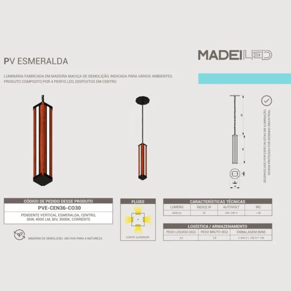 Pendente Led Esmeralda Centro 36w 4000lm Bivolt Madeira Maciça - Imagem 5