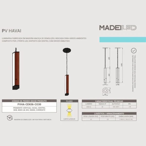 Pendente Led Havaí 36w 4000lm Bivolt Madeira Maciça - Imagem 5