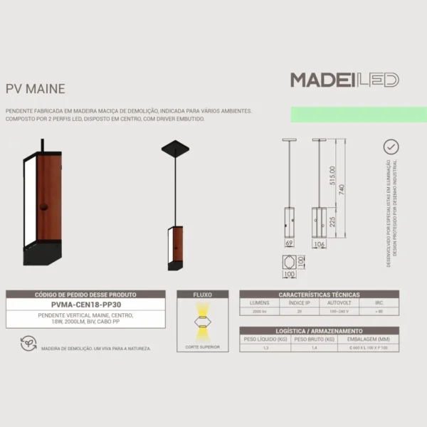 Pendente Led Maine 18w 2000lm Bivolt Madeira Maciça - Imagem 3