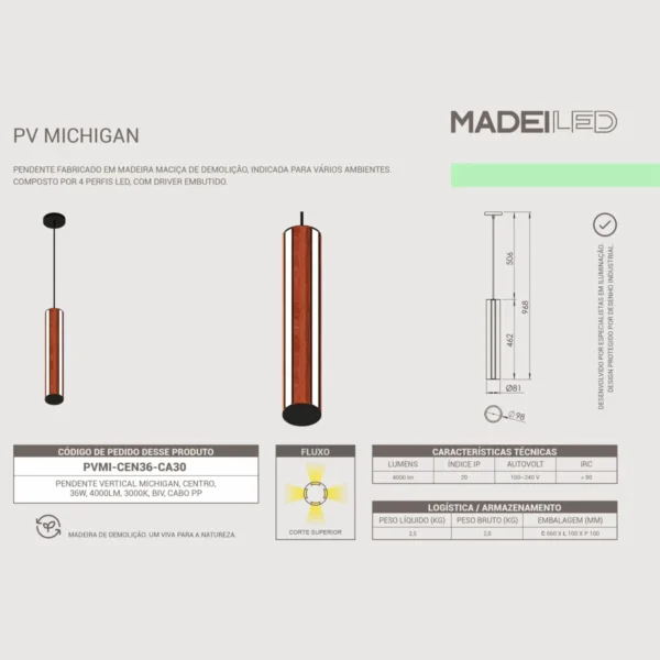 Pendente Led Michigan 36w 4000lm Bivolt Madeira Maciça - Imagem 5