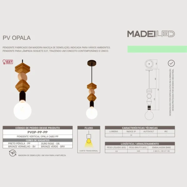 Pendente Led Opala Madeira Maciça Cabo PP - Imagem 3