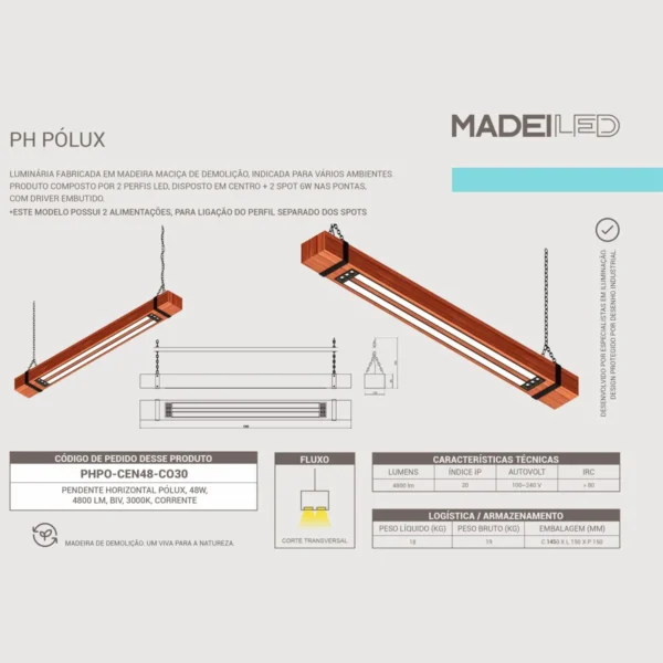 Pendente Led Pólux 48w 4800lm Bivolt Madeira Maciça - Imagem 5