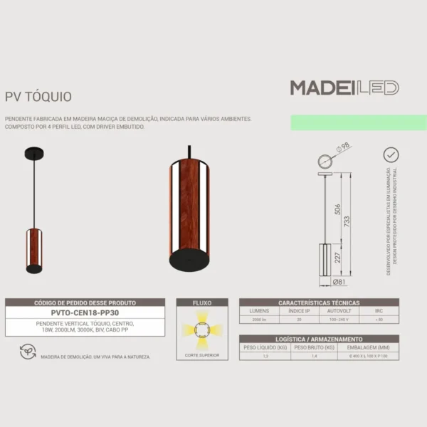 Pendente Led Tóquio 18w 2000lm Bivolt Madeira Maciça - Imagem 3